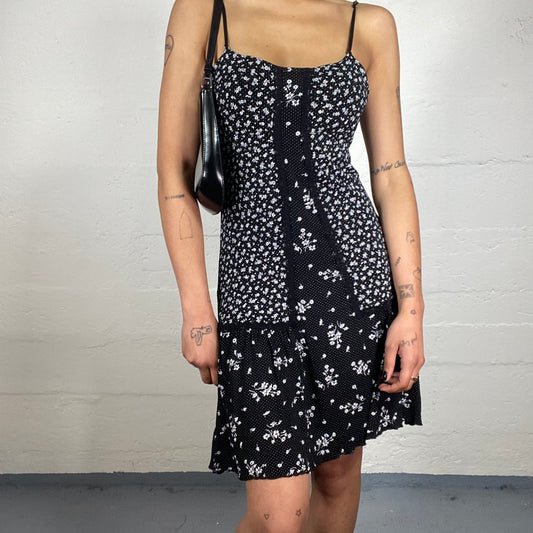 Vintage 2000's Coquette Black and White Mini Cami Dress with Micro Floral Print and Ruffled Skirt (M)