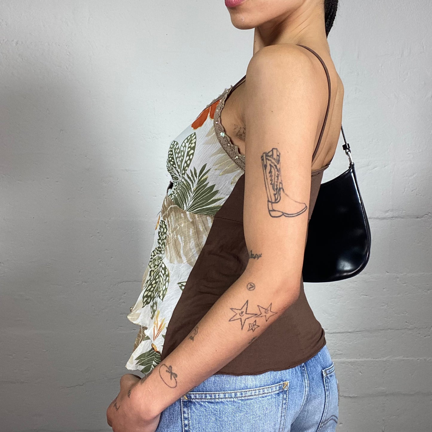 Vintage 2000's Gossip Girl Summer Beige Flowy Cami Top with Orange Floral Print and Sequins Details (S)