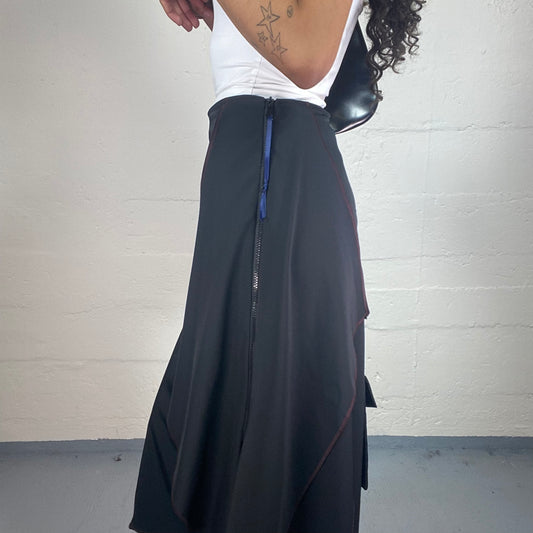 Vintage 2000's Downtown Girl Black Asymmetric Layered Wrapped Up Midi Skirt with Pocket Detail (S)