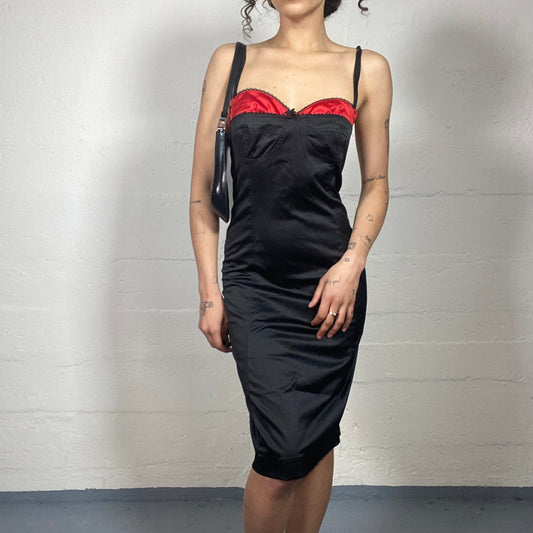 Vintage 2000's Femme Fatale Satin Black Slim Midi Dress with Red Bra Detail (M)