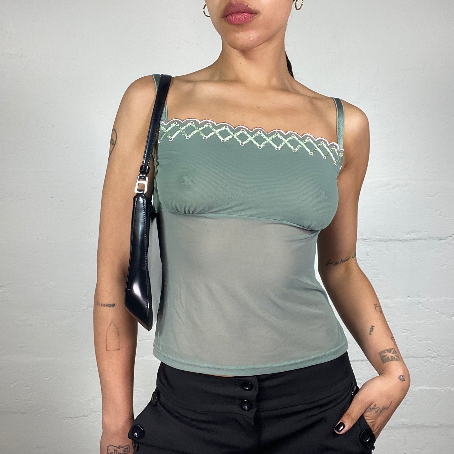 Vintage 2000's Romantic Green Mesh See Through Cami Top with White Embroidery Trim (M)