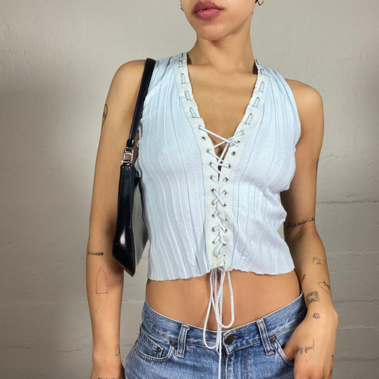 Vintage 2000's Sporty Jersey Baby Blue Cropped Lace Up Top (M)