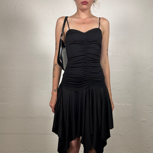 Vintage 2000's Ballerina Black Mini Dress with Asymmetrical hem and Scrunch Corset Style Detail (S)