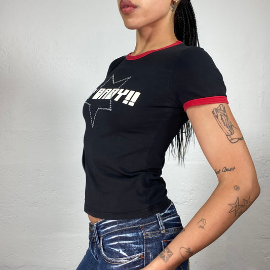 Vintage 2000's Phard Downtown Girl Black Baby Tee with Go Baby Print Rhinestone Star Embroidery and Red Trim Details (S)