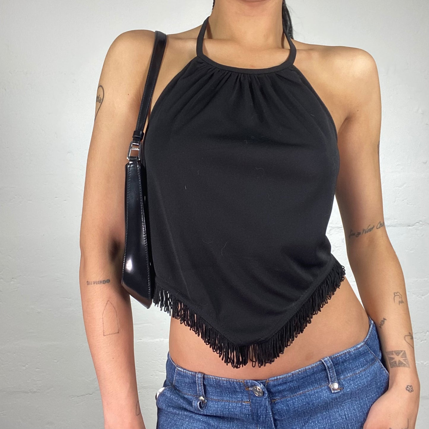 Vintage 2000's Cowgirl Black Draped Neckholder Top with Fringe Trim (S)