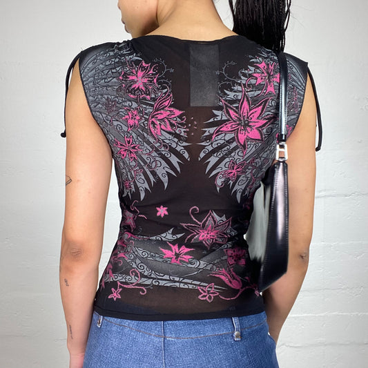 Vintage 2000's Morgan Downtown Girl Black Rubbered Shoulders Tank Top with Mesh Boho Printed Top (S)