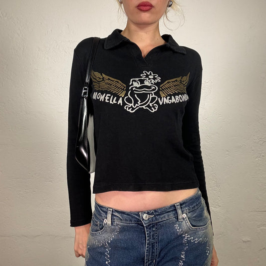 Vintage 2000's Downtown Girl Black Longsleeve Cropped Top Collared Top with White and Gold Wings Print (S)