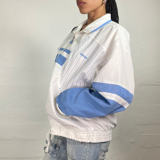 Vintage 90’s Archive Adidas White Zip Up Windbreaker with Baby Blue Print Details (S)