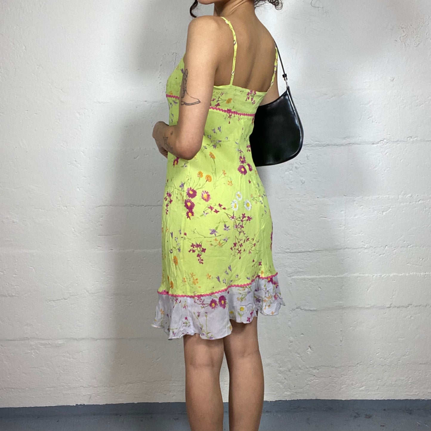 Vintage 2000's Summer Light Lime Green Cami Dress with Floral Print (S)