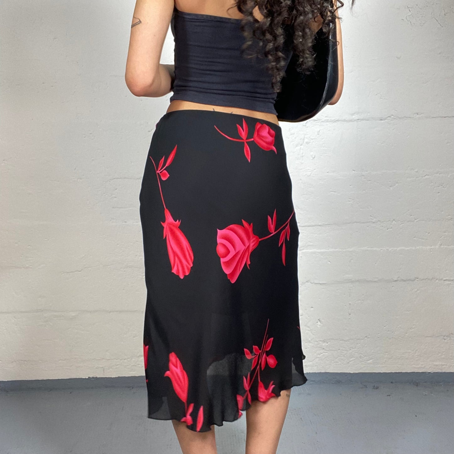 Vintage 2000's Chic Black Chiffon Flowy Skirt with Red Roses Print (S)