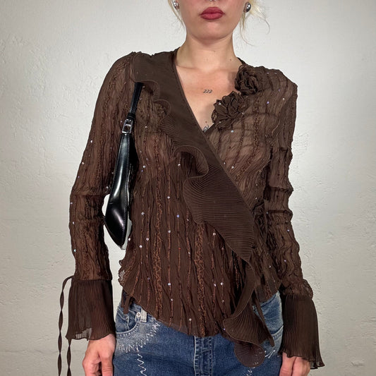 Vintage 2000's Earth Angel Brown Chiffon Lonsgleeve Blouse with Ruffle Collar and Sequin Details (XL)