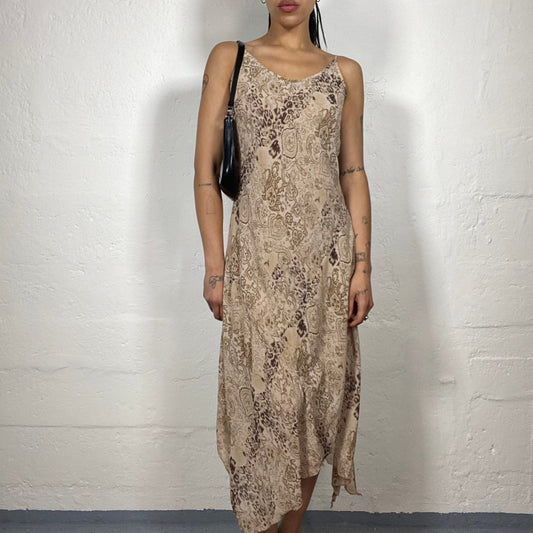 Vintage 2000's Boho Girl Coffee Cream Asymmetric Maxi Cami Dress with Brown Abstract Print (M)