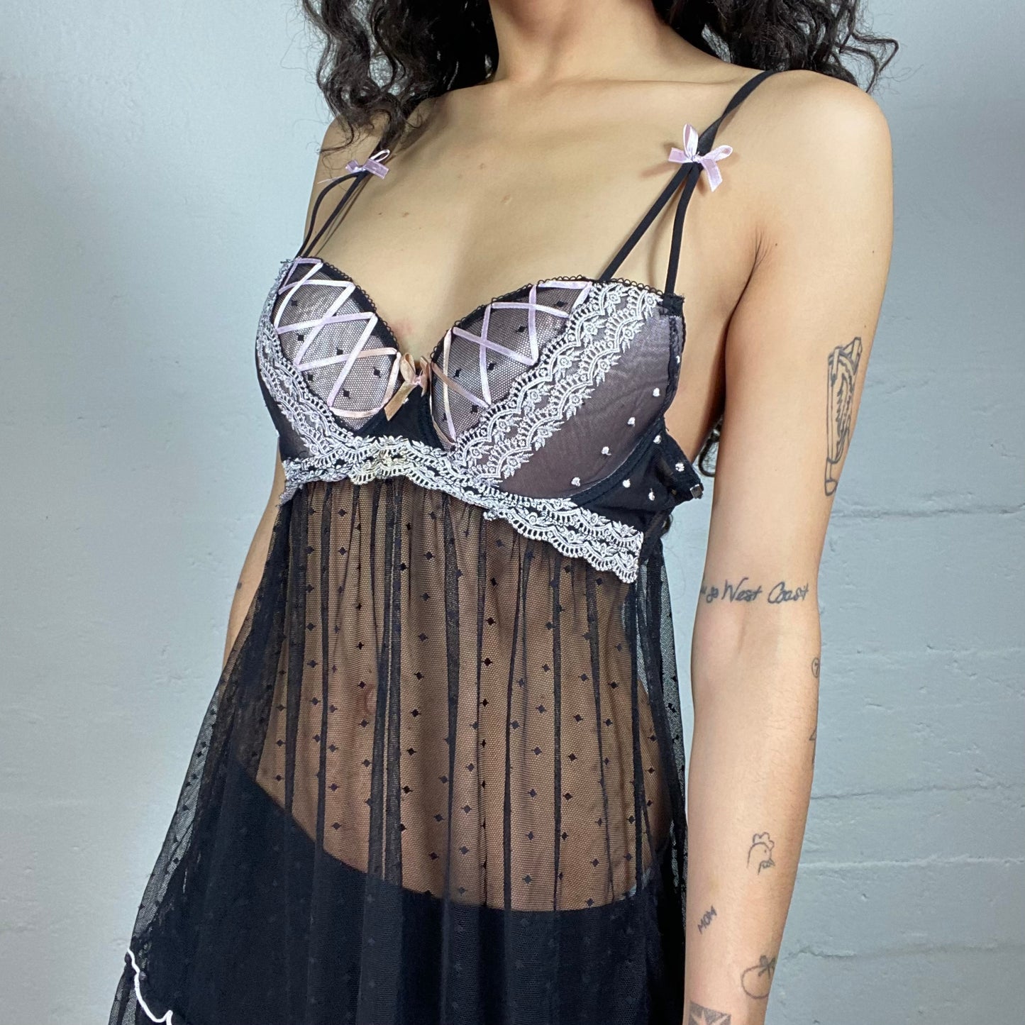 Vintage 2000's Coquette Black and Pink Mesh Polka Dot See Through Dress/Top with Embroidery Decorated Bra (S/M)
