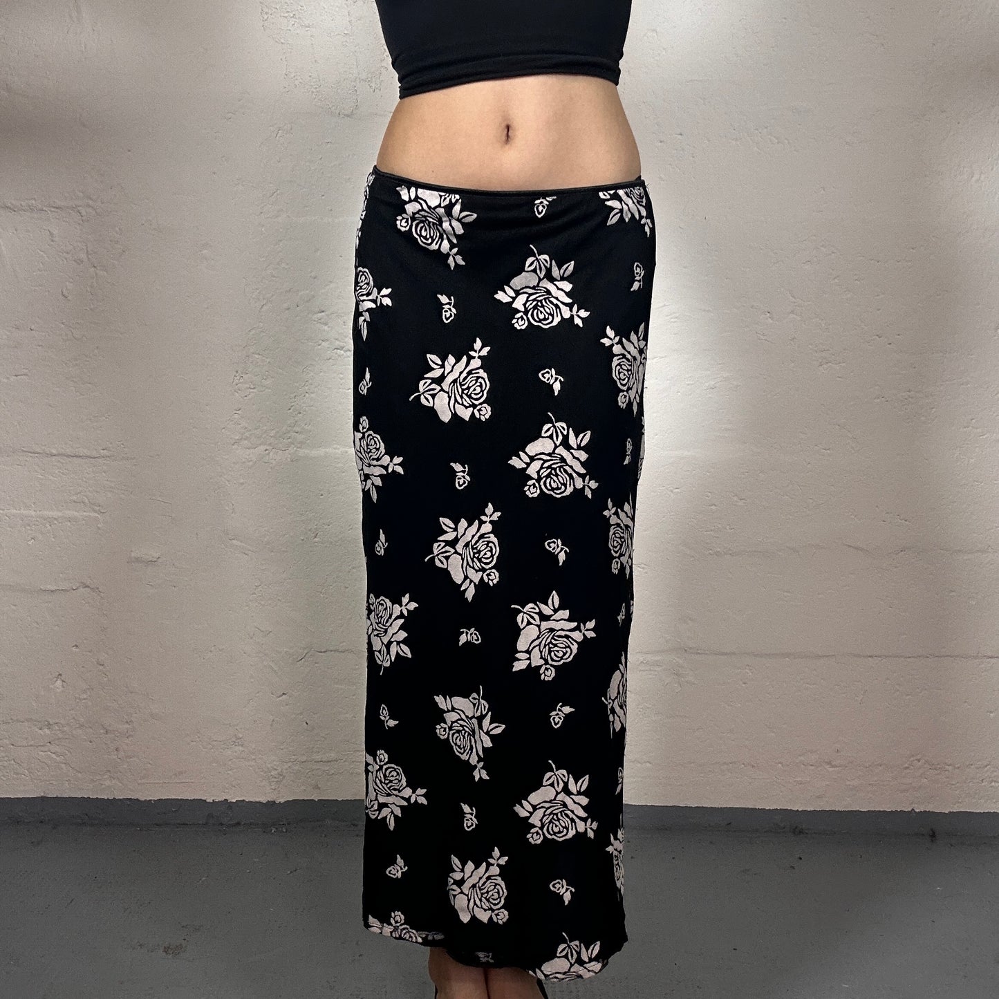 Vintage 2000's Romantic Black Chiffon Maxi Skirt with White Floral Print (S)