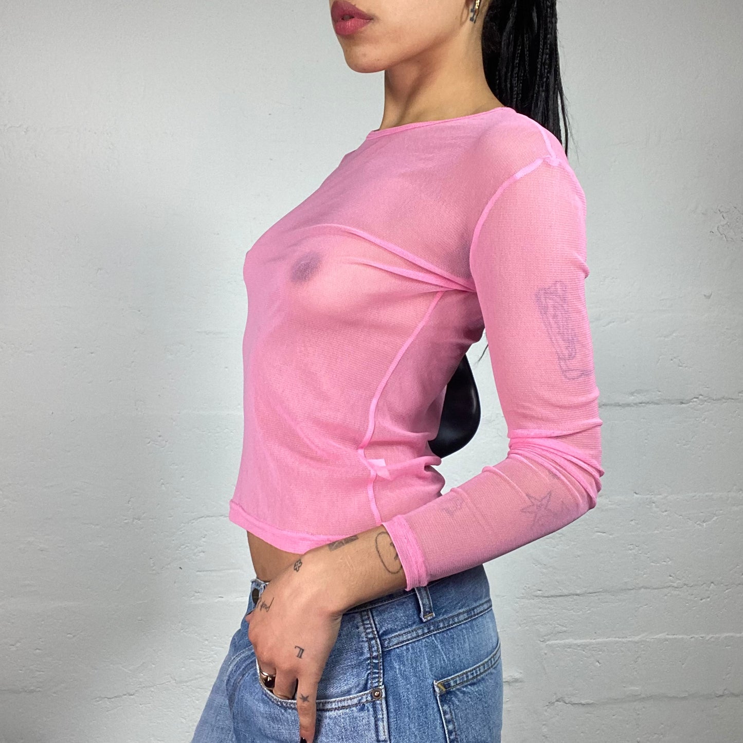 Vintage 2000's Downtown Girl Mesh See Through Bubblegum Pink Longsleeve Top (M)