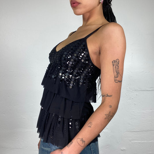 Vintage 2000's Liu Jo Clubwear Black Shiny Ruffled Layered Cami Top Covered in Silver Sequins (S)