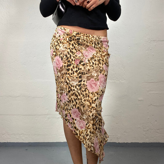 Vintage 2000's Soft Cheetah Girl Beige Toned Animal Print Asymmetric Skirt with Pink Roses (S)