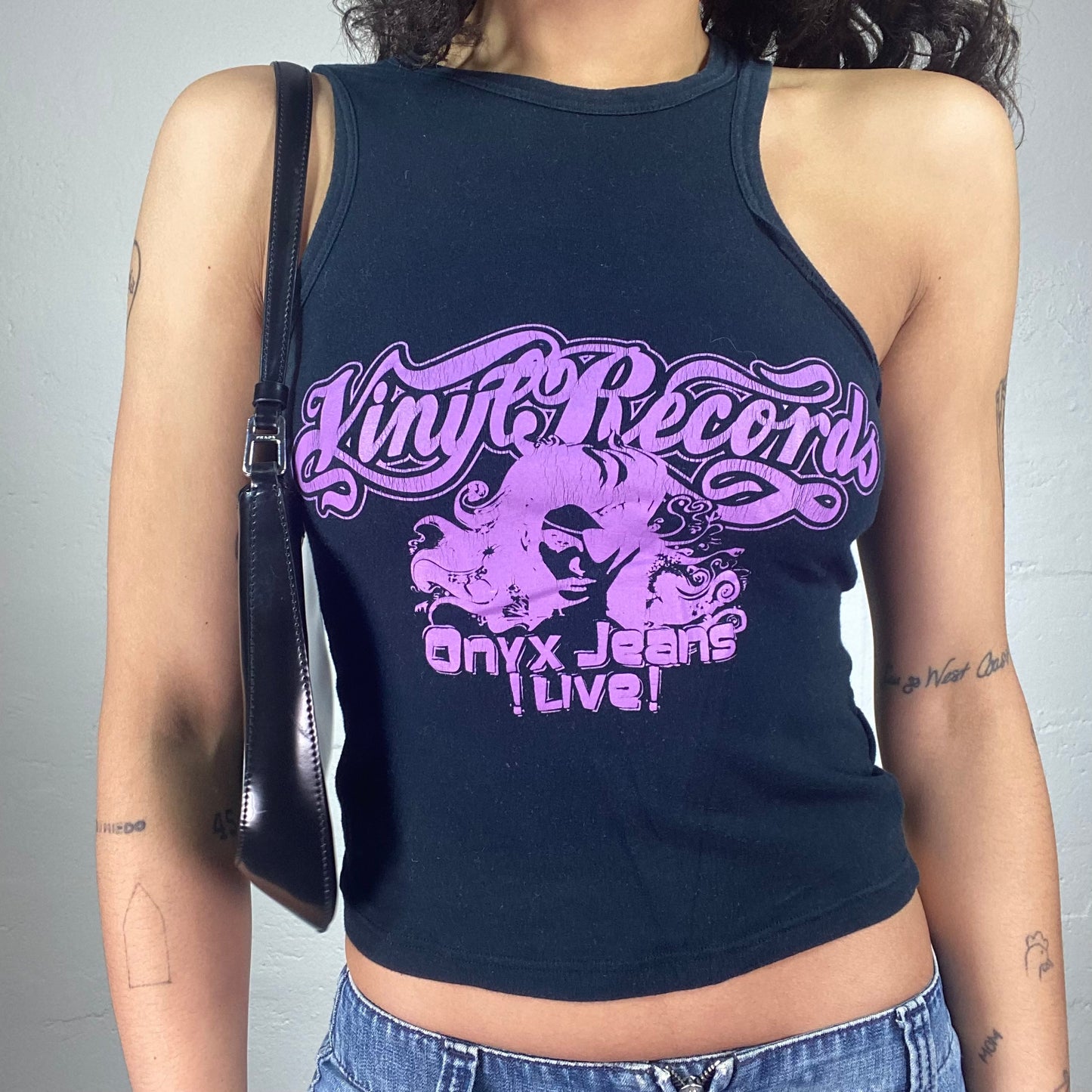 Vintage 2000's Sporty Black Tank Top with Purple Abstract Typography Print (S)