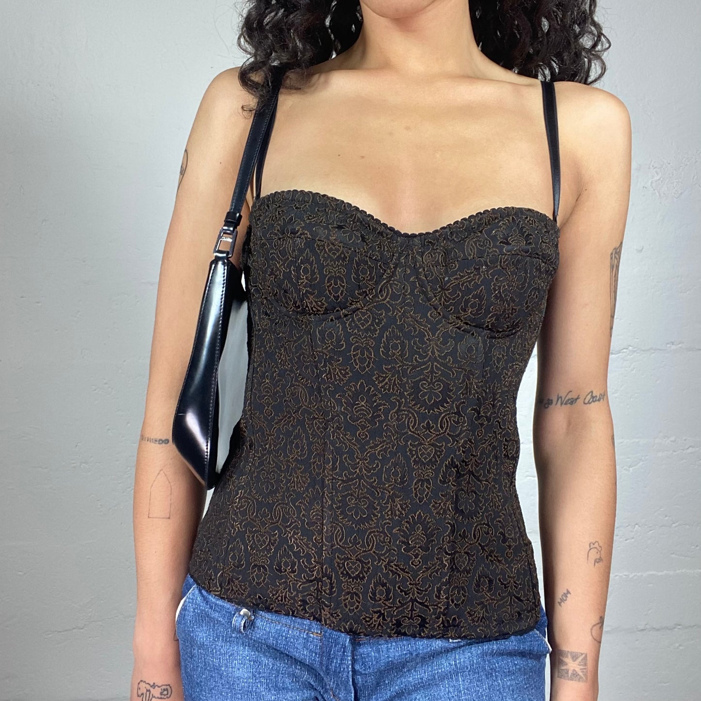 Vintage 2000's Classy Brown Baroque Satin Printed Corset Top (M)
