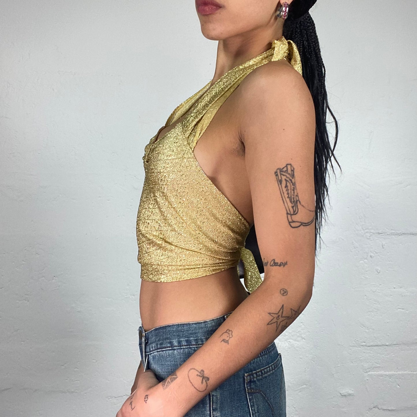 Vintage 2000's Clubwear Gold Glitter Cropped Neckholder Top with Back Bindings (M)