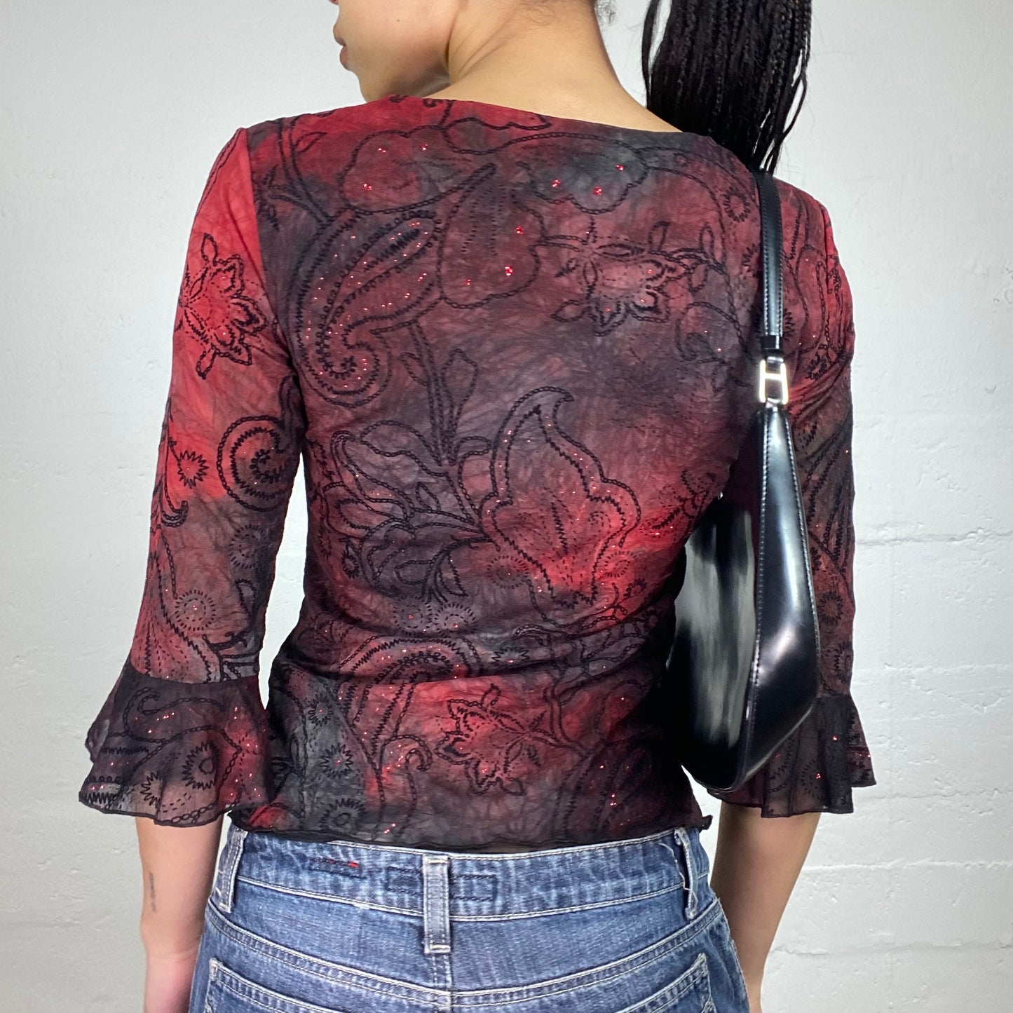Vintage 2000's Vamp Style Tie-Dye Black and Red Textured 2/4 Sleeve Top (S)