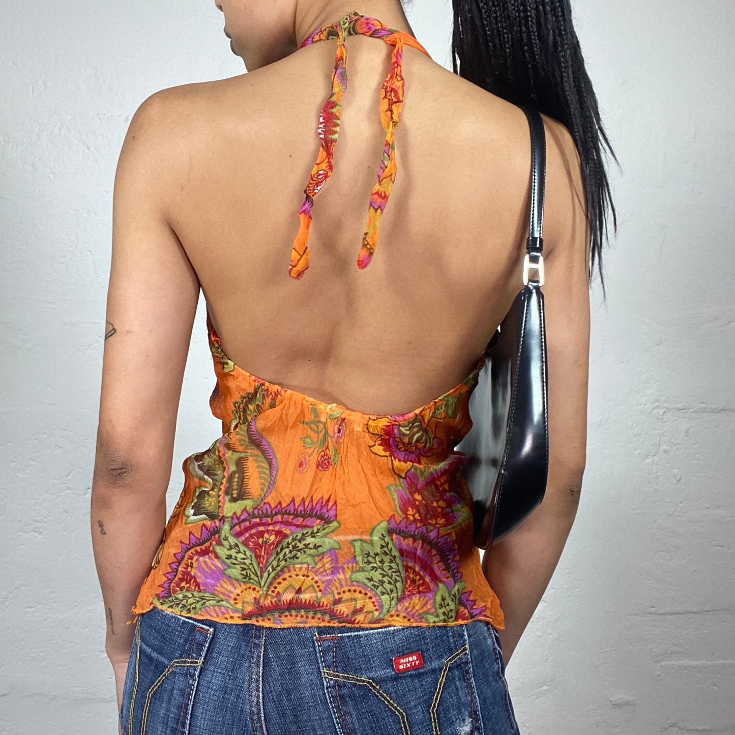 Vintage 2000's Summer Boho Girl Orange Pleated Neckholder Top with Floral Print (M)