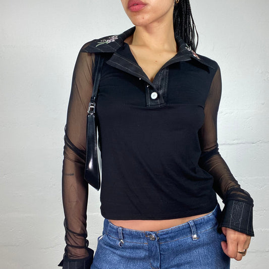 Vintage 2000's Office Girl Black Longsleeve Mesh See Through Top with Floral Printed Collar (M)