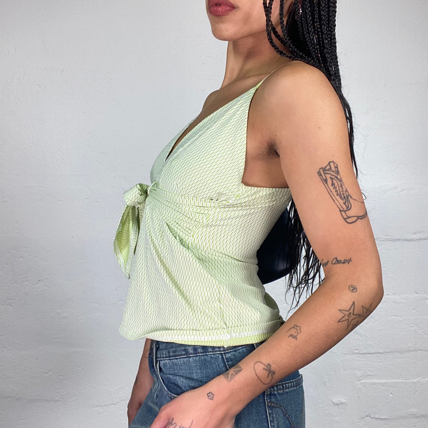 Vintage 2000's Soft Girl Light Green Striped Cami Top with Ribbon Detail (S)