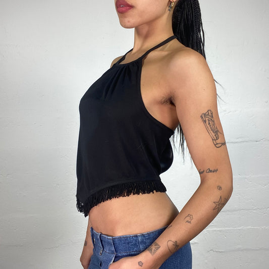 Vintage 2000's Cowgirl Black Draped Neckholder Top with Fringe Trim (S)