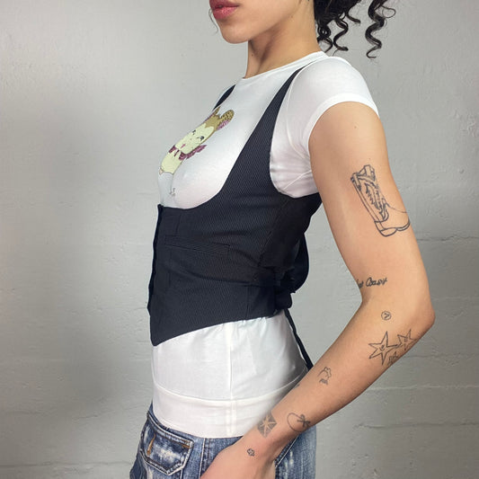 Vintage 2000's Office Girl Black Striped Button Up Vest (S)