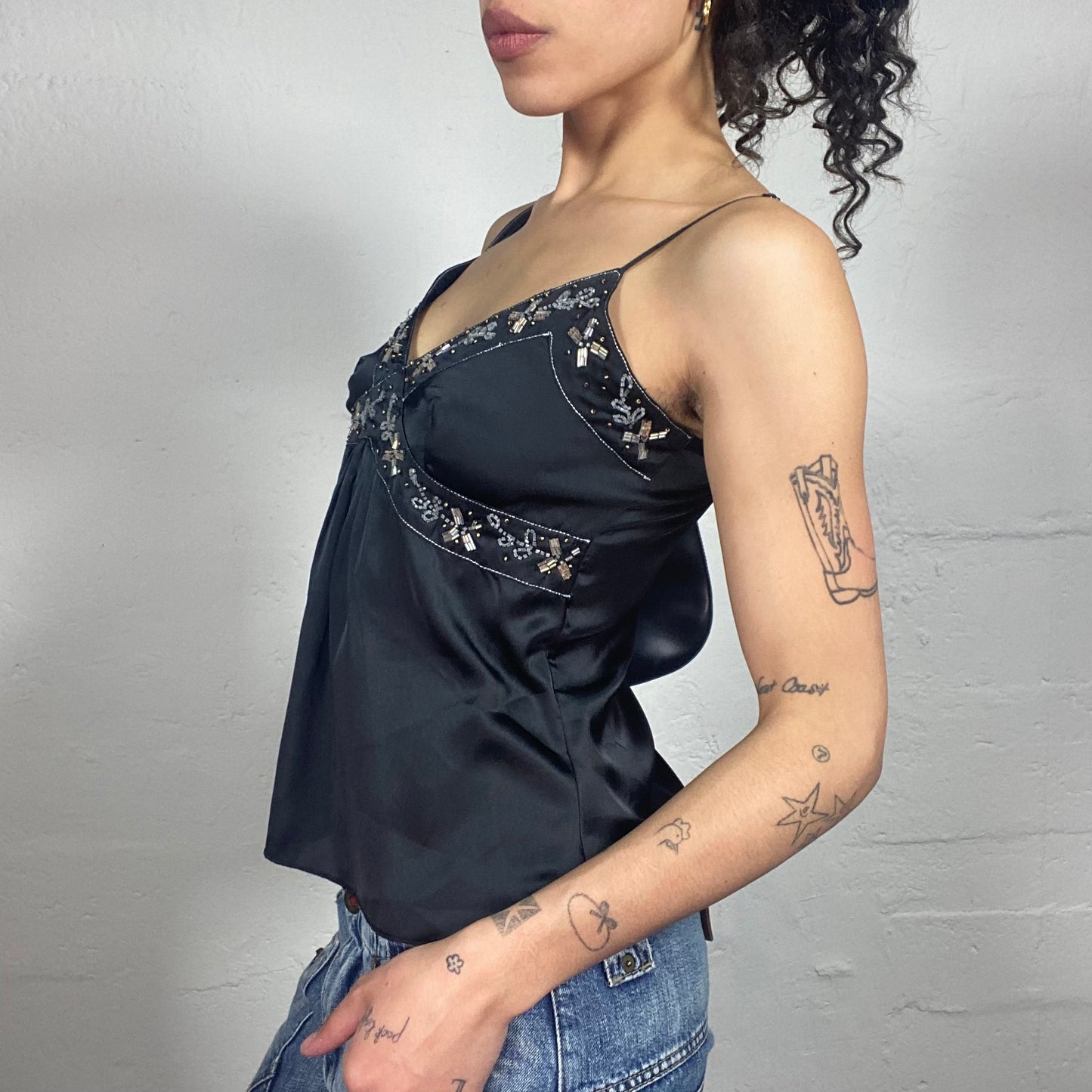 Vintage 2000's Romantic Satin Black Cami Top with Floral Embroidery Decorated Bra (S)