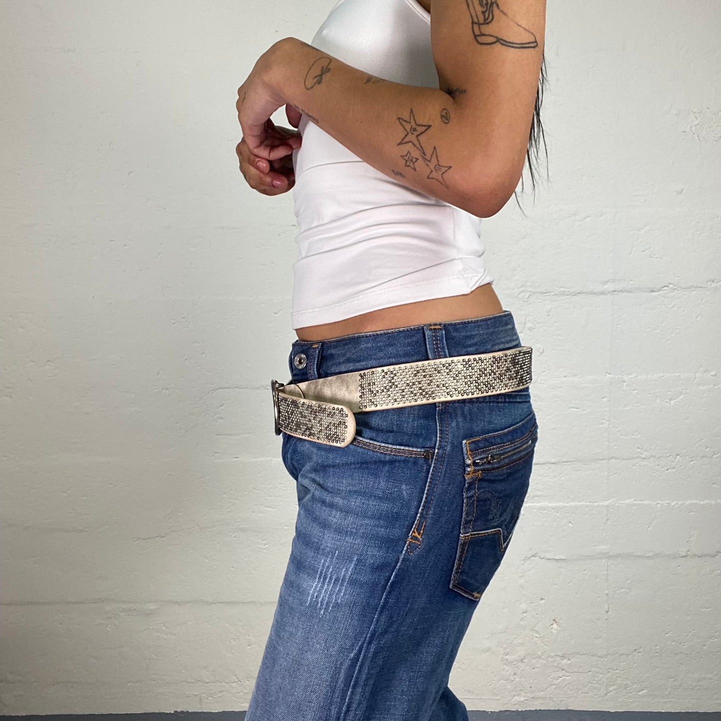 Vintage 2000's Downtown Girl Glam Beige Belt with Metal Mosaic Style Pieces Decoration