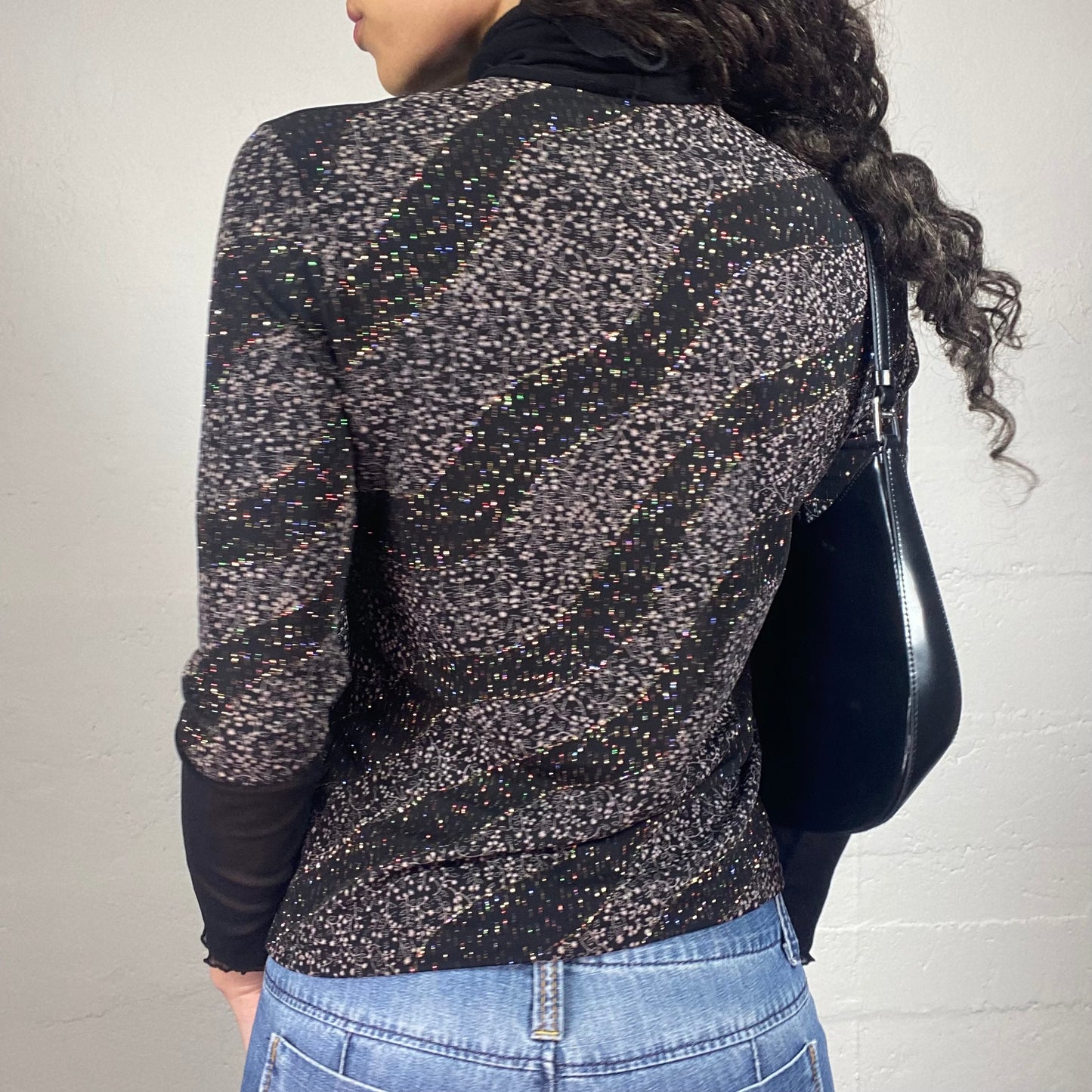 Vintage 2000's Rainy Saturday Black Shirt Jersey and Mesh Turtleneck Top with Sequins Embroidery (S)