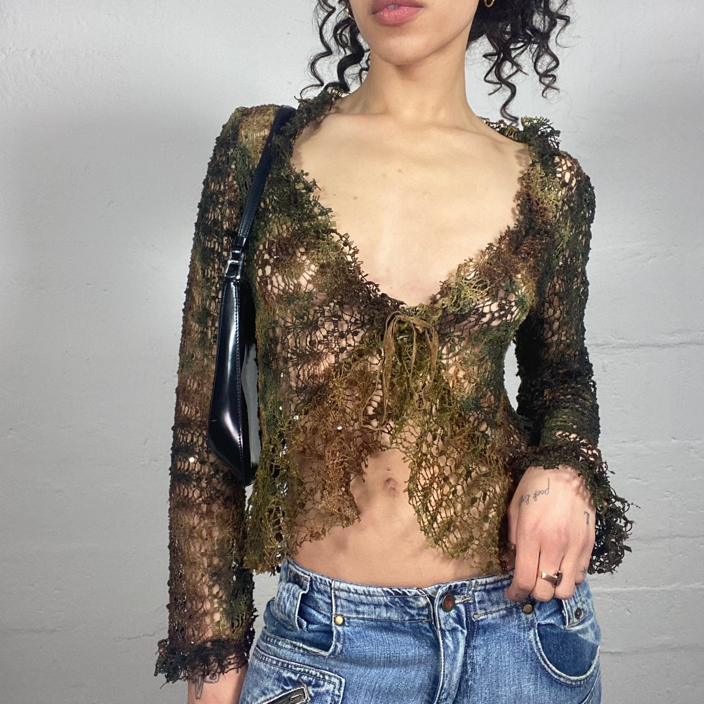 Vintage 2000's Forest Fairy Net Green and Brown Longsleeve Top with Front Binding (S)