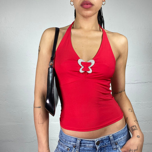 Vintage 2000's Glamorous Blood Red Mini Neckholder Top with Metal Butterfly Ring Detail (S)