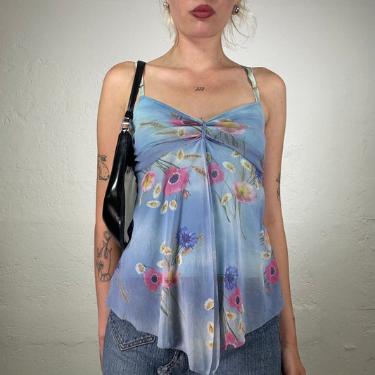 Vintage 2000's Soft Girl Pastel Blue Chiffon Baby Doll Blouse with Flower Bouquet Print (S)