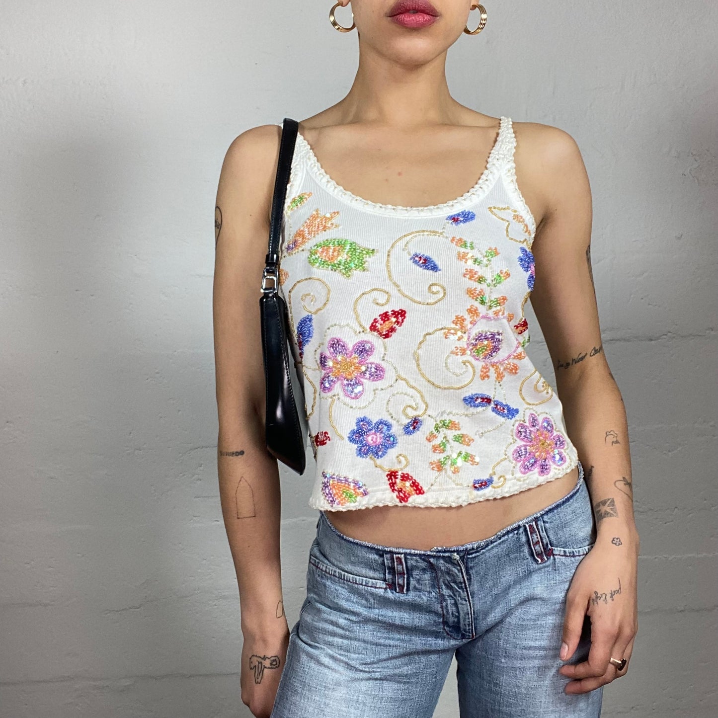 Vintage 2000's Summer Downtown Girl White Tank Top with Floral Sequins Embroidery (S)