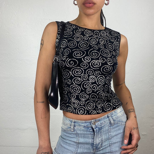 Vintage 2000’s Clubwear Black Cropped Tank Top with Silver Glitter Spirals Print (S)