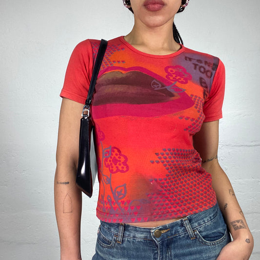 Vintage 2000's Summer Downtown Girl Red Baby Tee with Funky Abstract Print (XL)