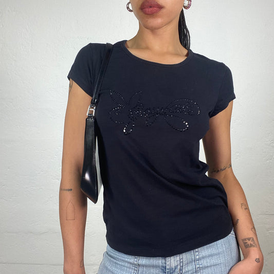 Vintage 2000’s Archive Playboy Navy Blue Slim Fit Tee with Playmate Rhinestone Embroidery (S)