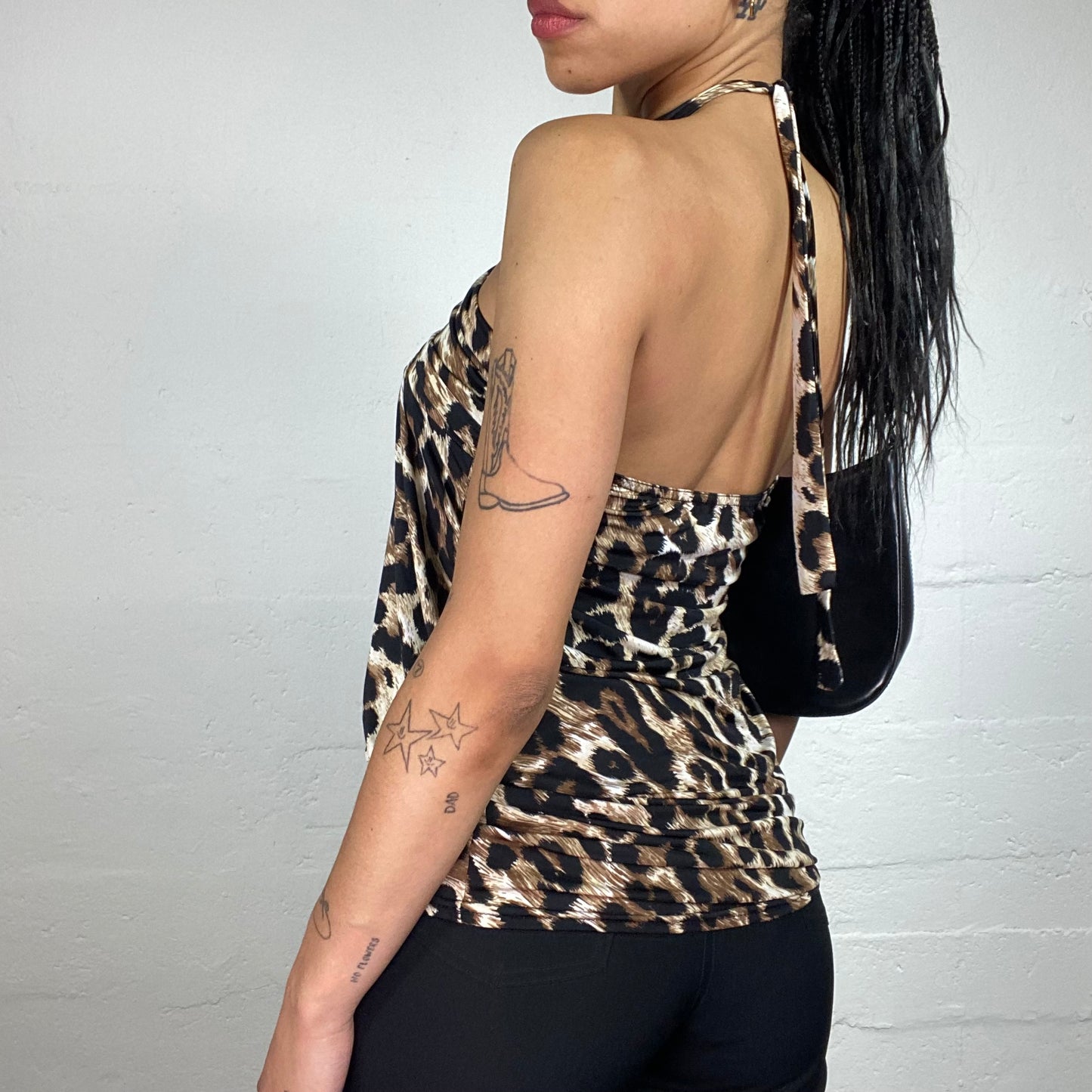 Vintage 2000's Morgan Glamorous Cheetah Girl Leo Printed Tube Cut Draped Top with Jewelry Decorated Neckholder (S)