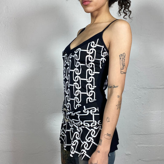 Vintage 2000's Glamorous Black Dress Style Cami Top with White Futuristic Print (S)