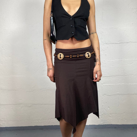 Vintage 2000's Boho Girl Brown Asymmetric Trim Midi Skirt (S)