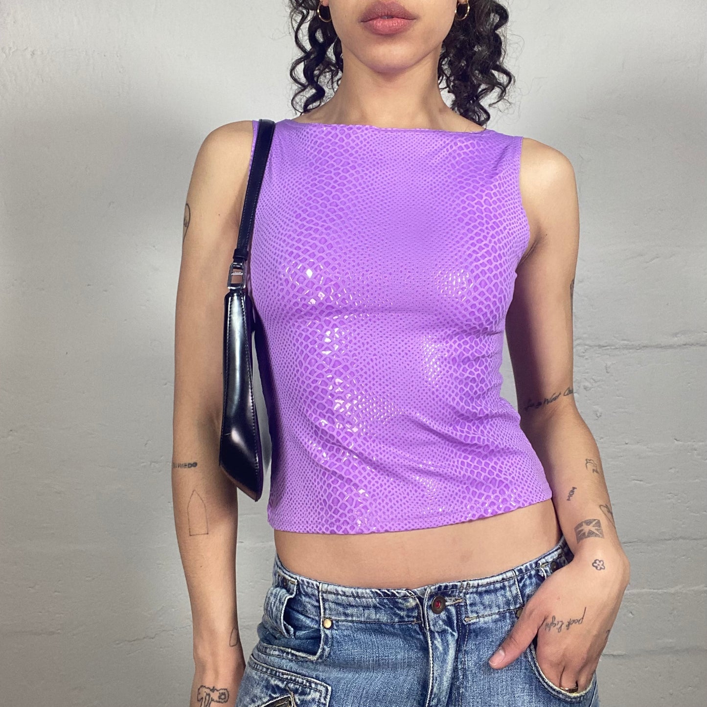 Vintage 2000's Glamorous Purple Glossy Snake Skin Pattern Tank Top (S)