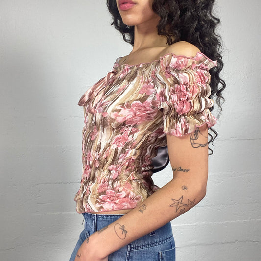 Vintage 2000's Romantic Pink and Beige Ruffled Off Shoulders Floral Printed Top (M)