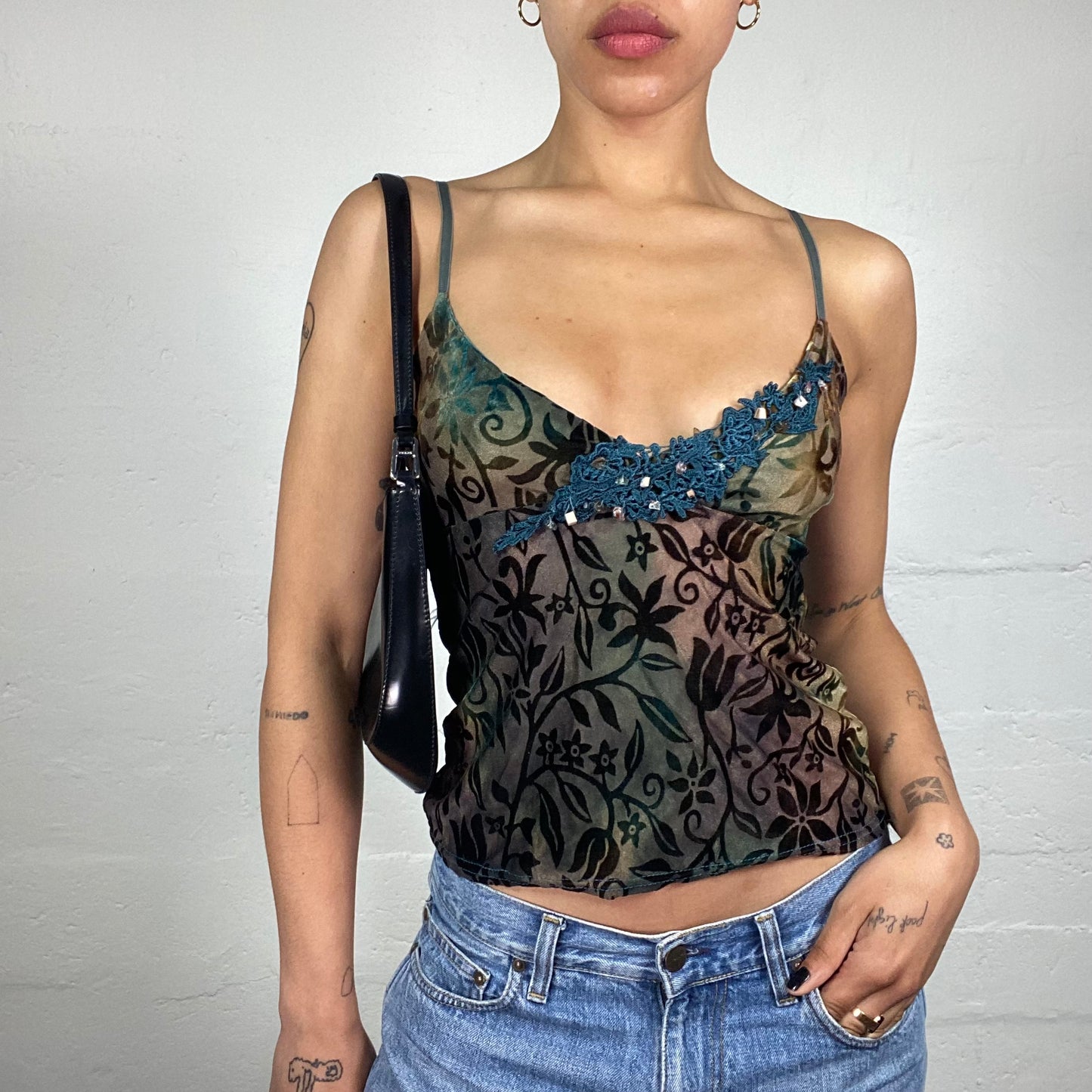 Vintage 2000's Dark Boho Chameleon Coloured Boho Print Cami Top with Blue Lace and Rhinestones Decoration (S)