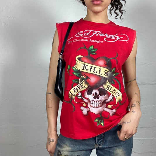 Vintage 2000's Archive Ed Hardy Blood Red Love Kills Slowly Sculp Printed Tank Top (M)