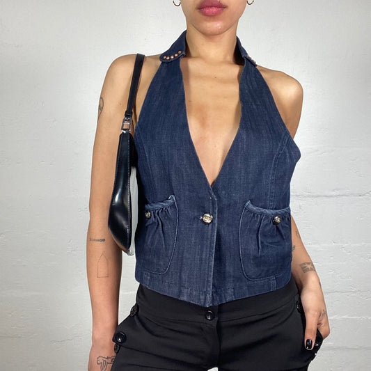 Vintage 2000's Casual Dark Blue Denim Neckholder Button Up Vest Style Top with Pockets (L)
