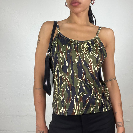 Vintage 2000’s Downtown Girl Camo Effect Print Khaki Green Cami Top (XL)