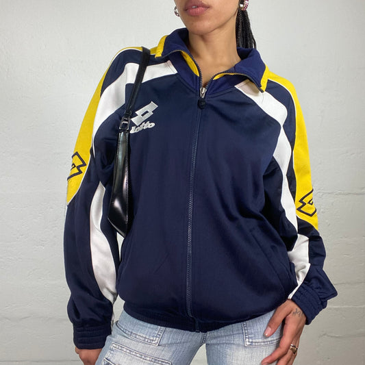 Vintage 2000’s Lotto Sporty Midnight Blue Zip Up Pullover with White and Yellow Print (L)
